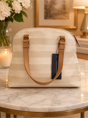 Tommy Hilfiger Cream and Tan Striped Dome Satchel